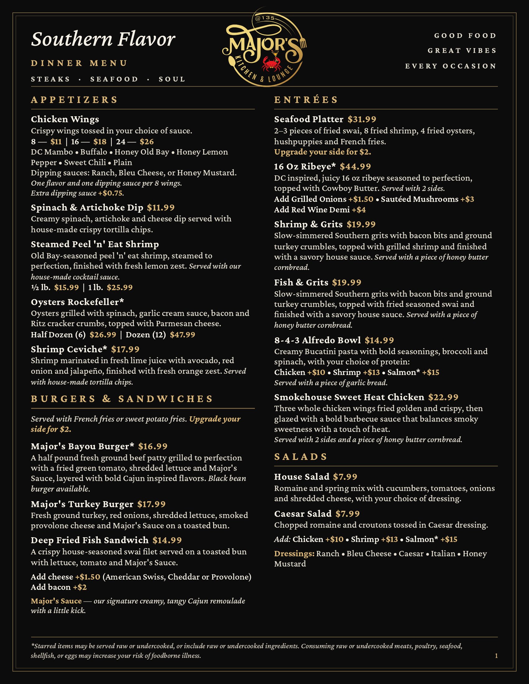 Major's Dinner menu, page 1
