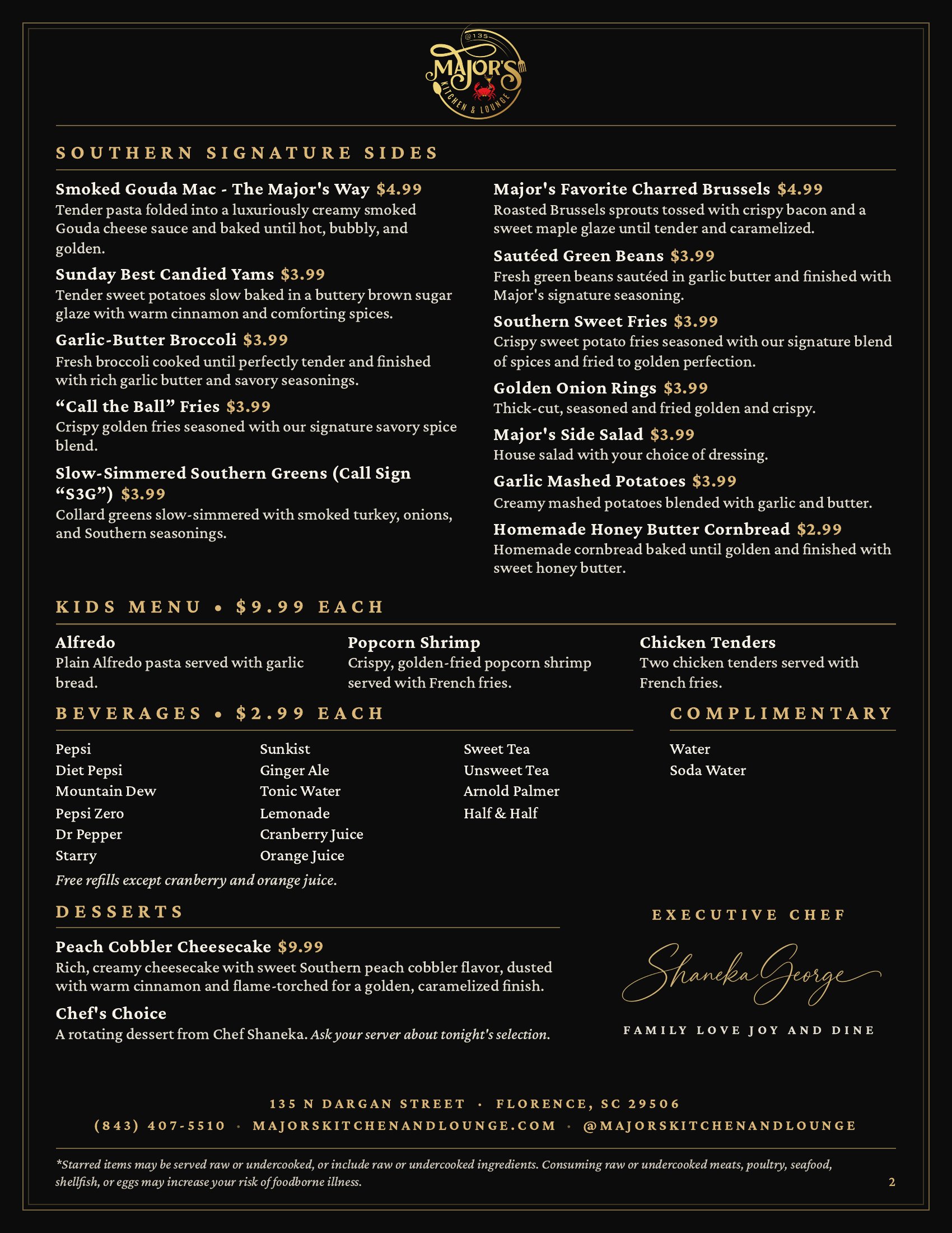 Major's Dinner menu, page 2